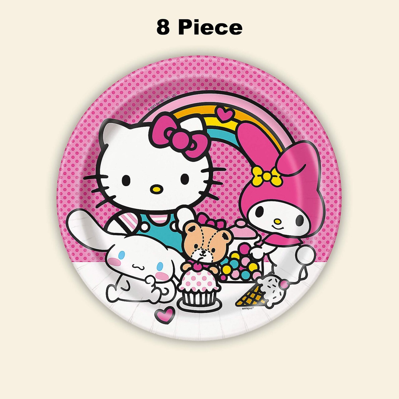 8 Count Hello Kitty Paper Dinner Plates Birthday Party Supplies for Girls Pink Rainbow Theme 9"
